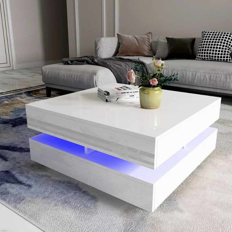 Modern Large High Gloss Coffee Table With LED Lights White Does not apply