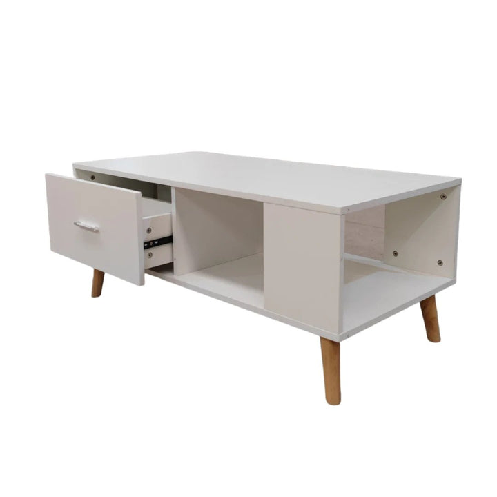 White Coffee Table Storage Drawer & Open Shelf With Wooden Legs Does not apply
