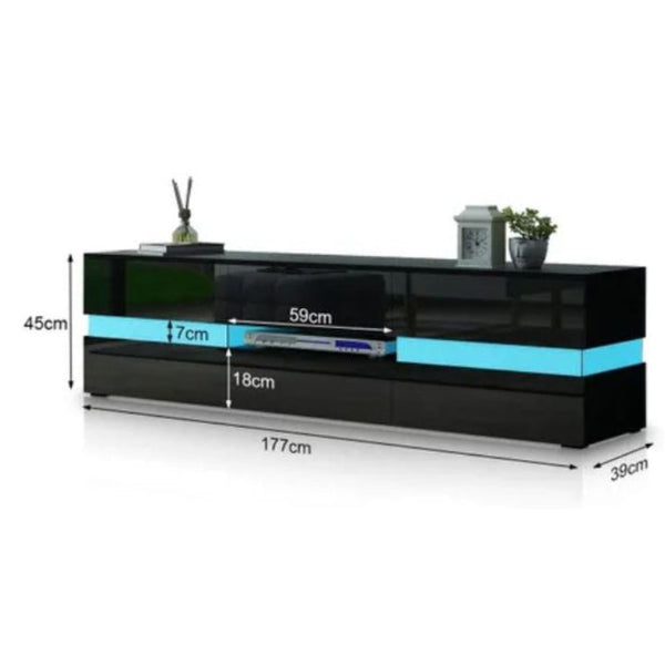 Modern High Gloss Front TV Entertainment Unit 177cm LED Storage Drawer - Black Does not apply