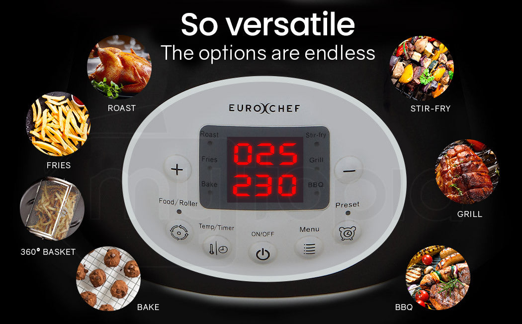 EUROCHEF 10L Electric Digital Air Fryer with Rotisserie, Rotating Fry Basket, Rack and Tongs, White EuroChef