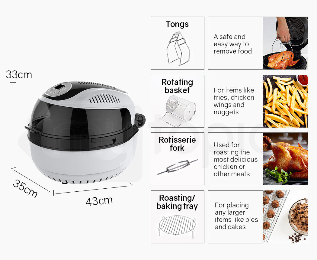 EUROCHEF 10L Electric Digital Air Fryer with Rotisserie, Rotating Fry Basket, Rack and Tongs, White EuroChef
