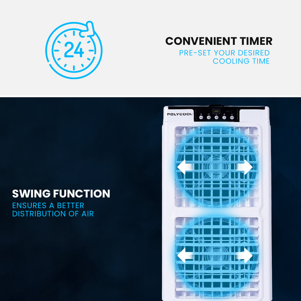 POLYCOOL 35L 220W Portable Evaporative Air Cooler 24 Hour Timer 4 in 1 Cooling Fan w/ Remote Polycool