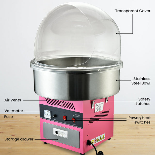 EUROCHEF 1000W Commercial Cotton Candy Machine Fairy Floss Maker with Transparent Shield EuroChef