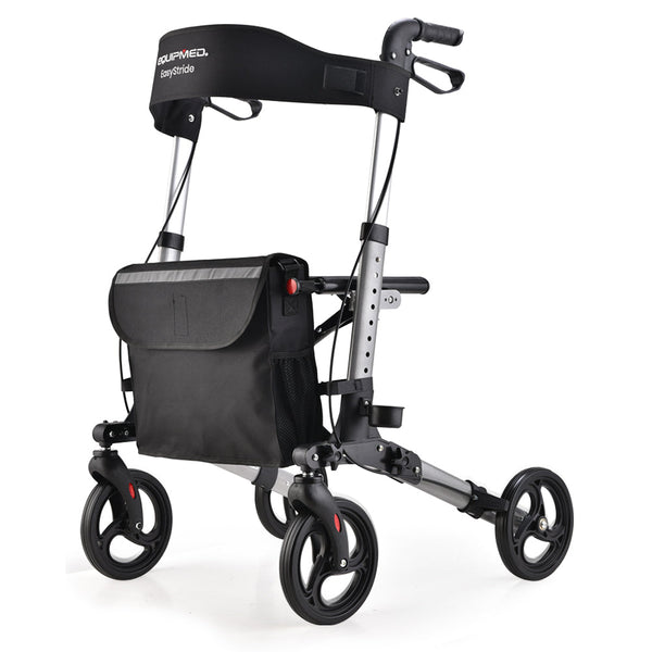 EQUIPMED Foldable Aluminium Walking Frame Rollator with Bag and Seat, Silver EQUIPMED