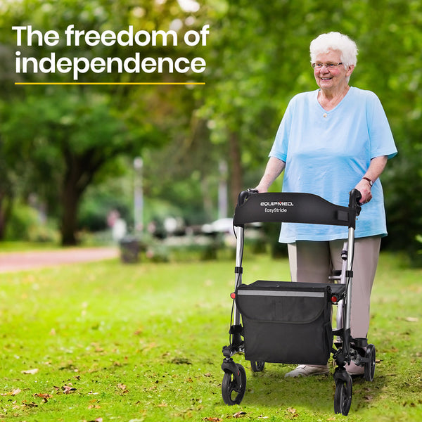 EQUIPMED Foldable Aluminium Walking Frame Rollator with Bag and Seat, Silver EQUIPMED