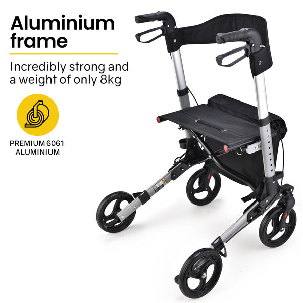 EQUIPMED Foldable Aluminium Walking Frame Rollator with Bag and Seat, Silver EQUIPMED