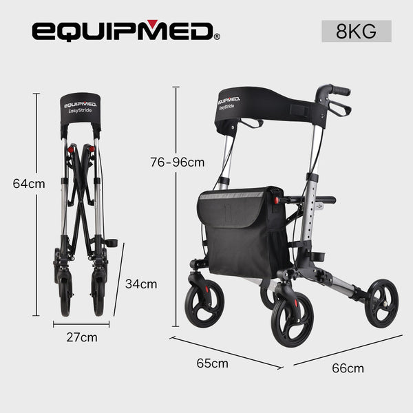 EQUIPMED Foldable Aluminium Walking Frame Rollator with Bag and Seat, Silver EQUIPMED
