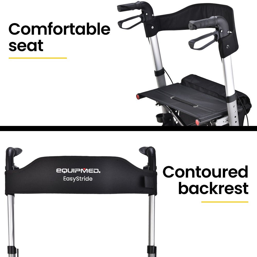 EQUIPMED Foldable Aluminium Walking Frame Rollator with Bag and Seat, Silver EQUIPMED
