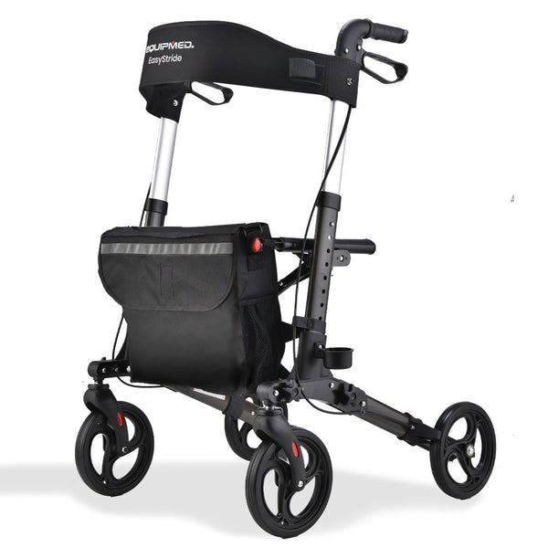 EQUIPMED Foldable Aluminium Walking Frame Rollator with Bag and Seat, Titanium Colour EQUIPMED