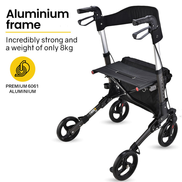 EQUIPMED Foldable Aluminium Walking Frame Rollator with Bag and Seat, Titanium Colour EQUIPMED