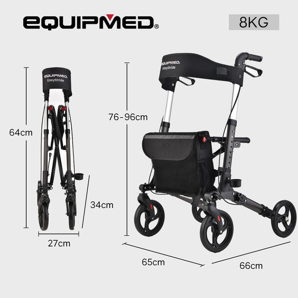 EQUIPMED Foldable Aluminium Walking Frame Rollator with Bag and Seat, Titanium Colour EQUIPMED