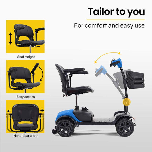 EQUIPMED Electric Mobility Scooter Portable Folding for Elderly Older Adult, SmartRider Black & Blue EQUIPMED