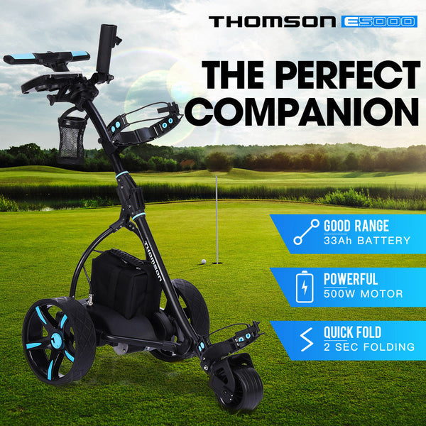THOMSON Golf Buggy Electric Trolley Automatic Motorised Foldable Cart LED Black Thomson