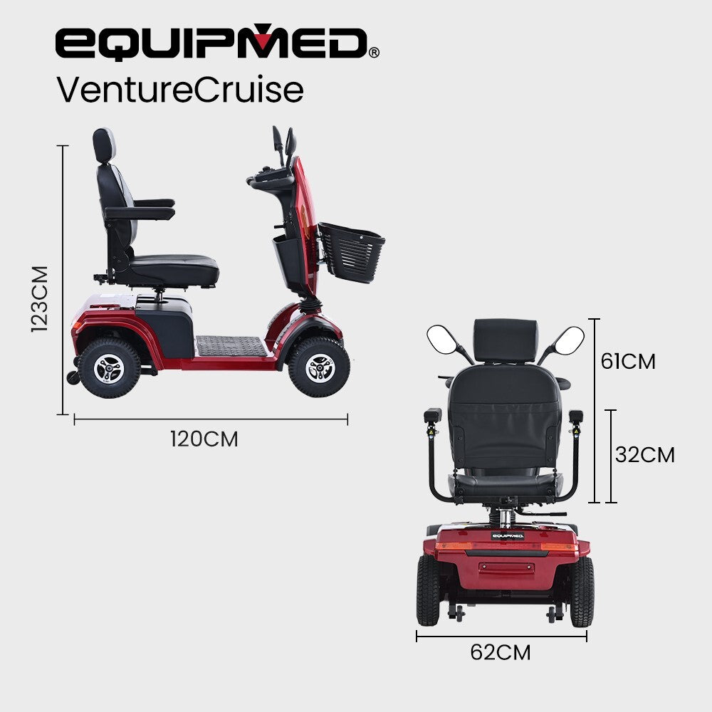 EQUIPMED VentureCruise Mobility Scooter, 30km Max Range, 180kg capacity, Red EQUIPMED