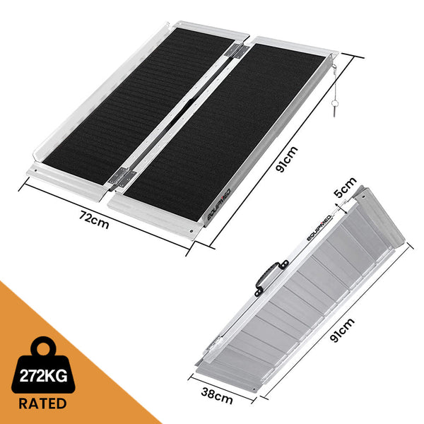 EQUIPMED 91cm Portable Folding Aluminium Access Ramp, 272kg Rated, Black Ultra-Grip, for Wheelchair, Mobility Scooter EQUIPMED