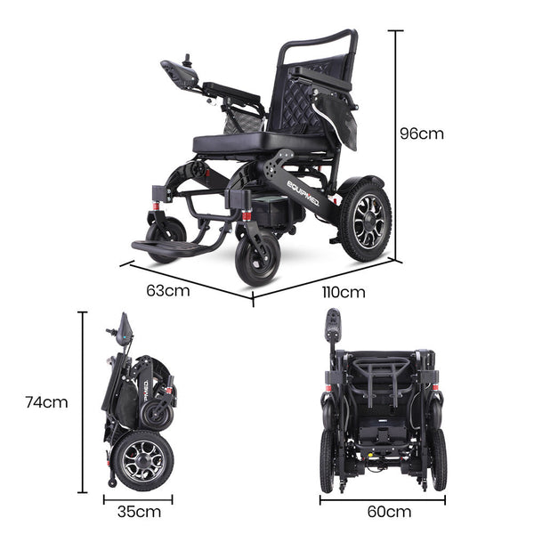 EQUIPMED Electric Folding Wheelchair, Folding, Long Range, Aluminium Frame, Lithium Battery, Black EQUIPMED