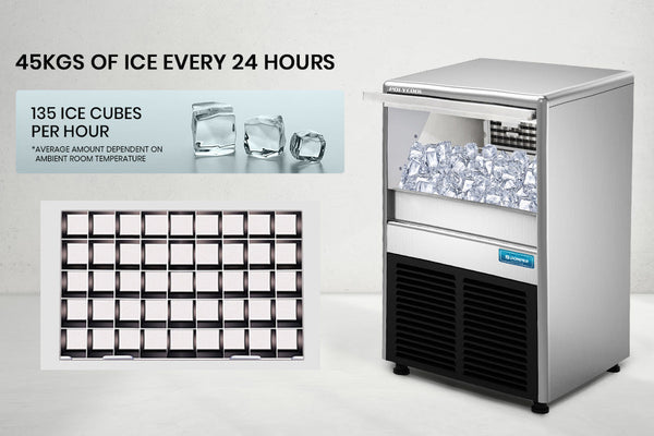 POLYCOOL Commercial Automatic Ice Cube Maker, Free Standing Stainless Steel Ice Machine, 410 Grade Polycool
