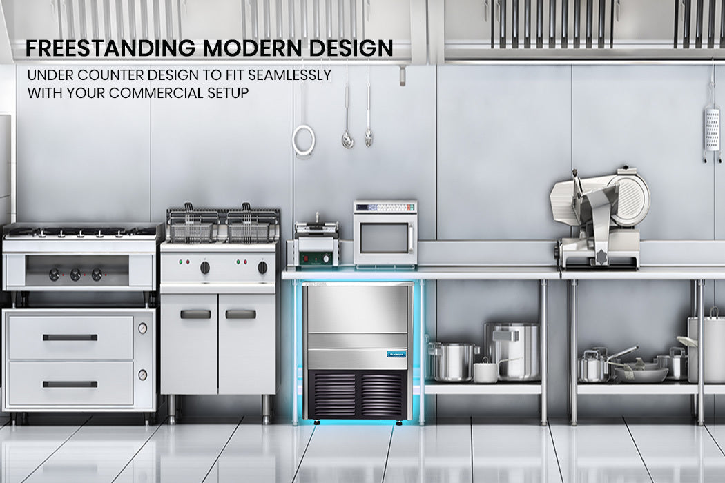 POLYCOOL Commercial Automatic Ice Cube Maker, Free Standing Stainless Steel Ice Machine, 410 Grade Polycool