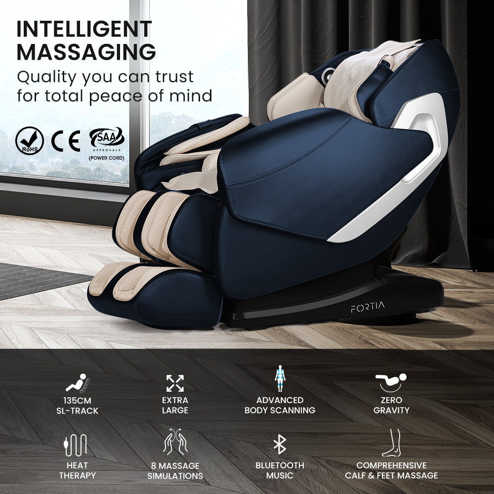 FORTIA Cloud 9 MkII Electric Massage Chair Full Body Zero Gravity with Heat and Bluetooth Navy Blue/Cream Fortia