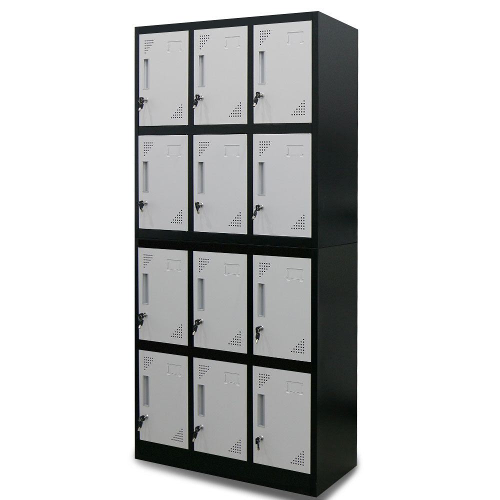 FORTIA 12-Door Metal Storage Locker Cabinet Gym Office Lockers Compartment, Black & Light Grey Fortia