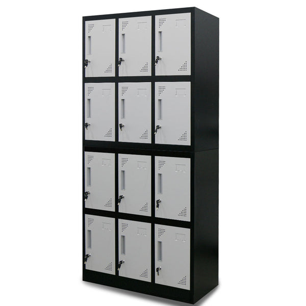 FORTIA 12-Door Metal Storage Locker Cabinet Gym Office Lockers Compartment, Black & Light Grey Fortia