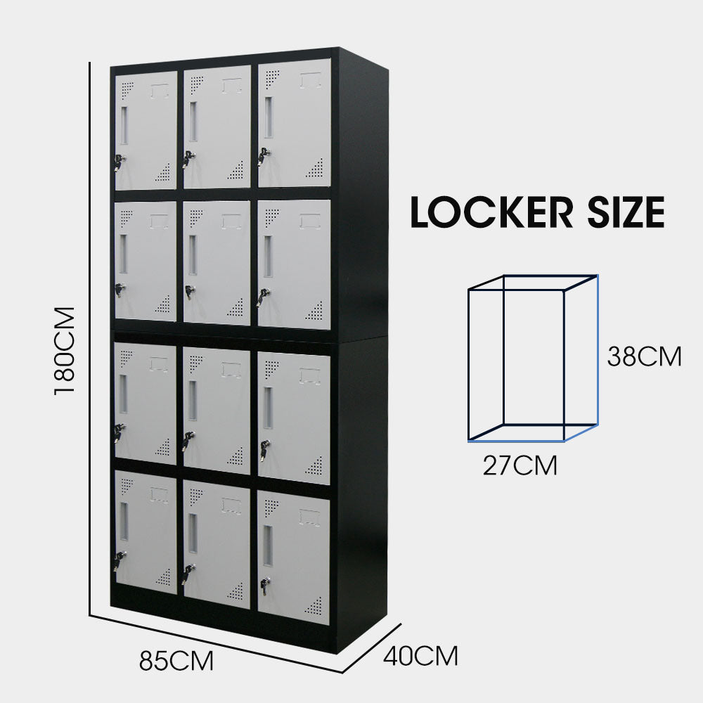 FORTIA 12-Door Metal Storage Locker Cabinet Gym Office Lockers Compartment, Black & Light Grey Fortia