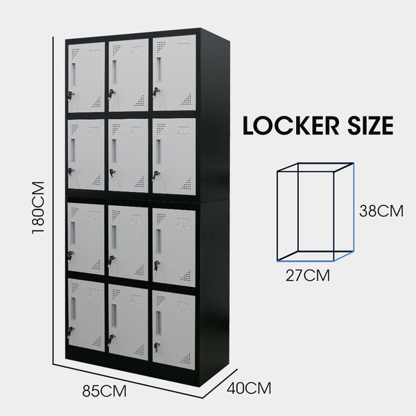 FORTIA 12-Door Metal Storage Locker Cabinet Gym Office Lockers Compartment, Black & Light Grey Fortia
