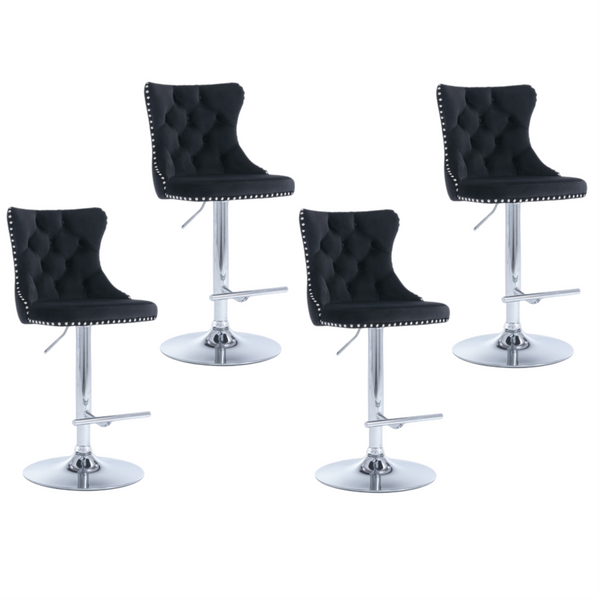 4x Height Adjustable Swivel Bar Stool Velvet Studs Barstool with Footrest and Chromed Base- Black Does not apply
