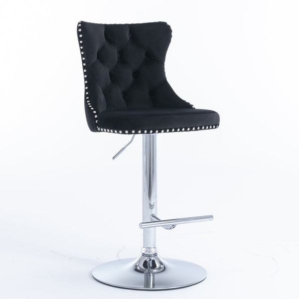 4x Height Adjustable Swivel Bar Stool Velvet Studs Barstool with Footrest and Chromed Base- Black Does not apply