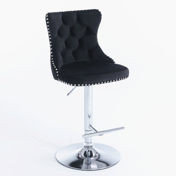 4x Height Adjustable Swivel Bar Stool Velvet Studs Barstool with Footrest and Chromed Base- Black Does not apply