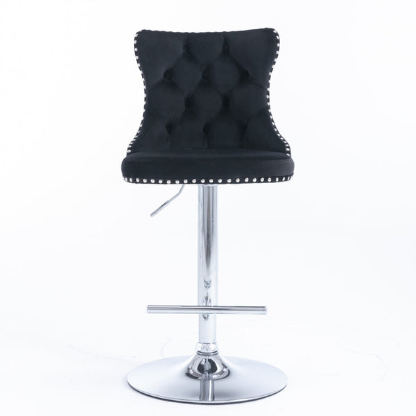 4x Height Adjustable Swivel Bar Stool Velvet Studs Barstool with Footrest and Chromed Base- Black Does not apply