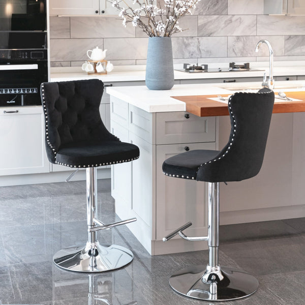 4x Height Adjustable Swivel Bar Stool Velvet Studs Barstool with Footrest and Chromed Base- Black Does not apply