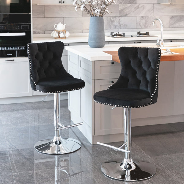 4x Height Adjustable Swivel Bar Stool Velvet Studs Barstool with Footrest and Chromed Base- Black Does not apply
