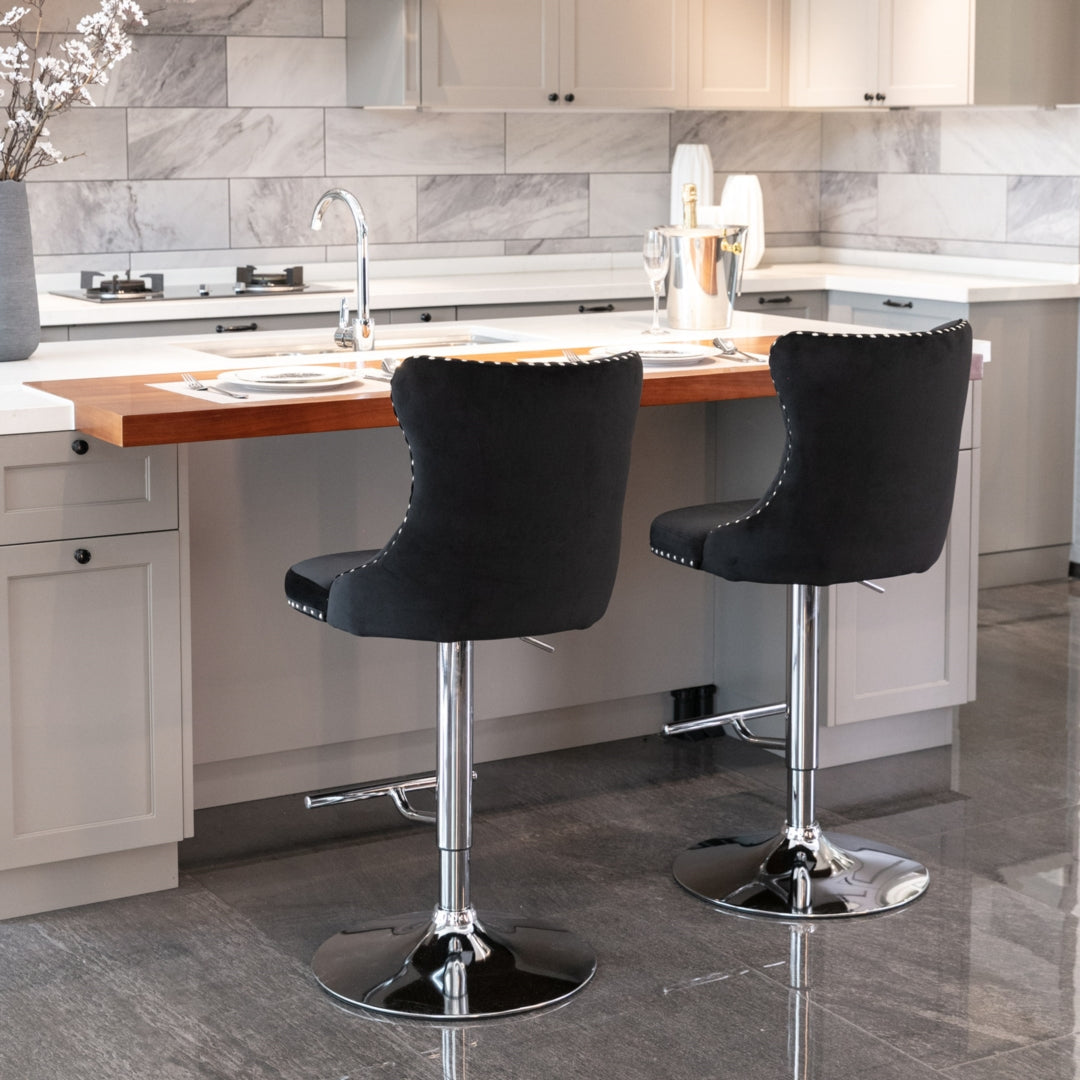 2x Height Adjustable Swivel Bar Stool Velvet Studs Barstool with Footrest and Chromed Base- Black Artiss