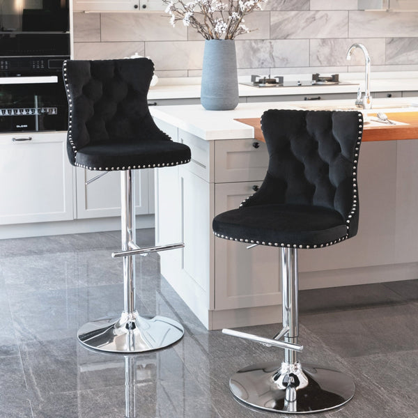 2x Height Adjustable Swivel Bar Stool Velvet Studs Barstool with Footrest and Chromed Base- Black Artiss