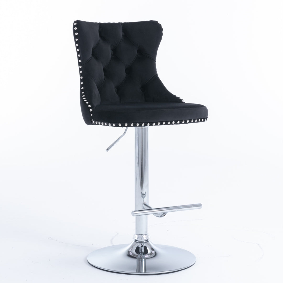 2x Height Adjustable Swivel Bar Stool Velvet Studs Barstool with Footrest and Chromed Base- Black Artiss