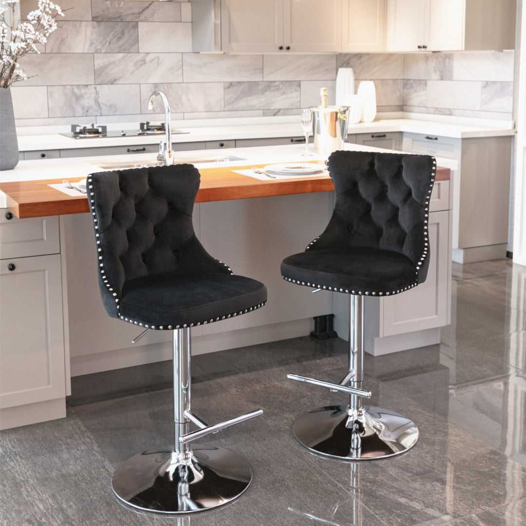 2x Height Adjustable Swivel Bar Stool Velvet Studs Barstool with Footrest and Chromed Base- Black Artiss
