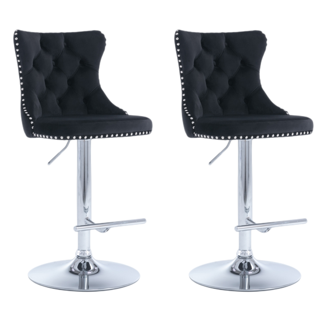 2x Height Adjustable Swivel Bar Stool Velvet Studs Barstool with Footrest and Chromed Base- Black Artiss