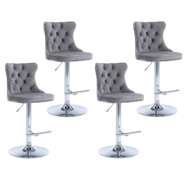 4x Height Adjustable Swivel Bar Stool Velvet Stud Barstool with Footrest and Chromed Base- Gray Does not apply