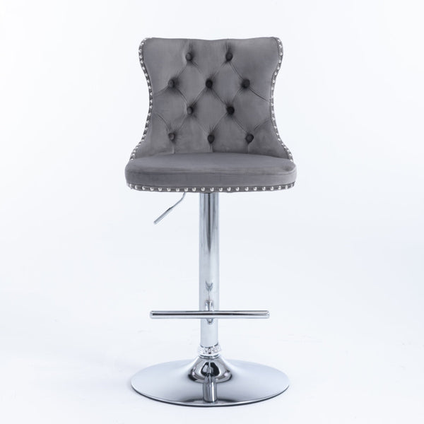 4x Height Adjustable Swivel Bar Stool Velvet Stud Barstool with Footrest and Chromed Base- Gray Does not apply