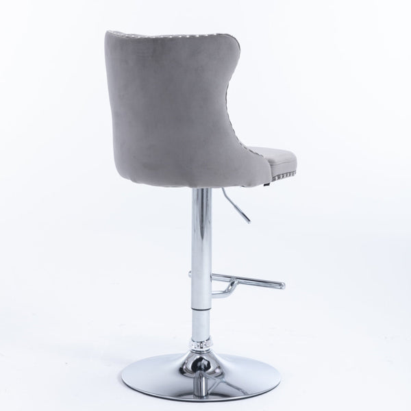 4x Height Adjustable Swivel Bar Stool Velvet Stud Barstool with Footrest and Chromed Base- Gray Does not apply