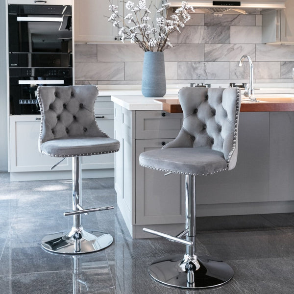 4x Height Adjustable Swivel Bar Stool Velvet Stud Barstool with Footrest and Chromed Base- Gray Does not apply