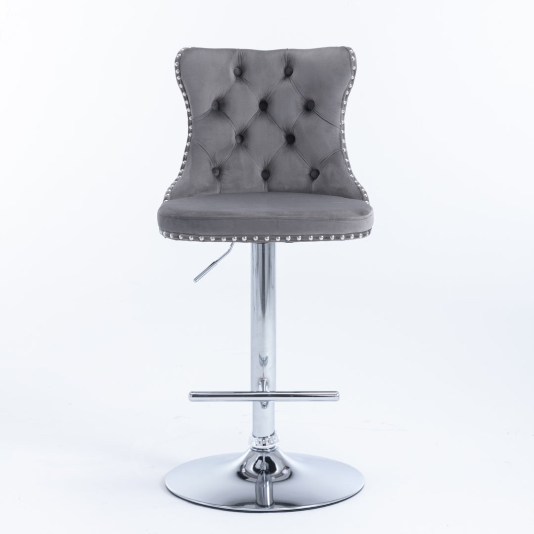 2x Height Adjustable Swivel Bar Stool Velvet Stud Barstool with Footrest and Chromed Base- Gray Does not apply