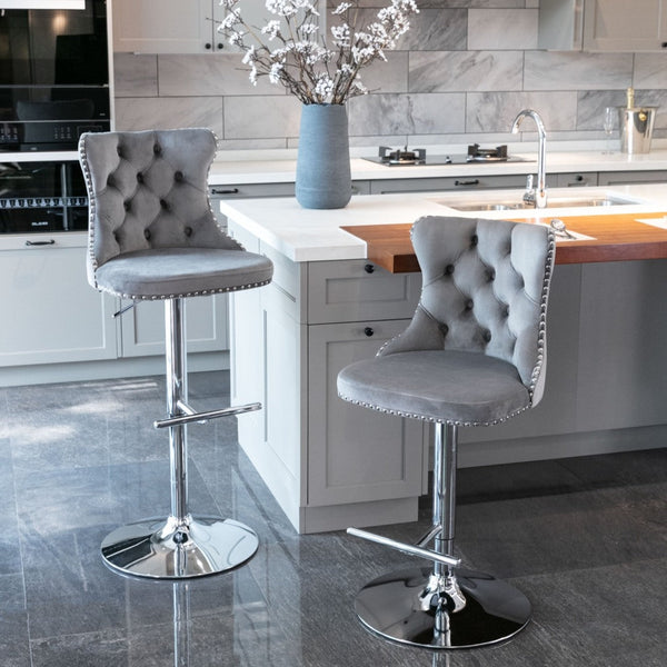 2x Height Adjustable Swivel Bar Stool Velvet Stud Barstool with Footrest and Chromed Base- Gray Does not apply