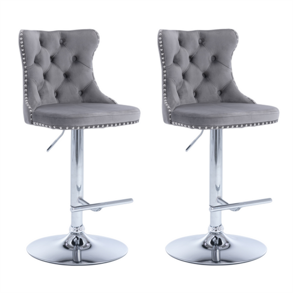 2x Height Adjustable Swivel Bar Stool Velvet Stud Barstool with Footrest and Chromed Base- Gray Does not apply