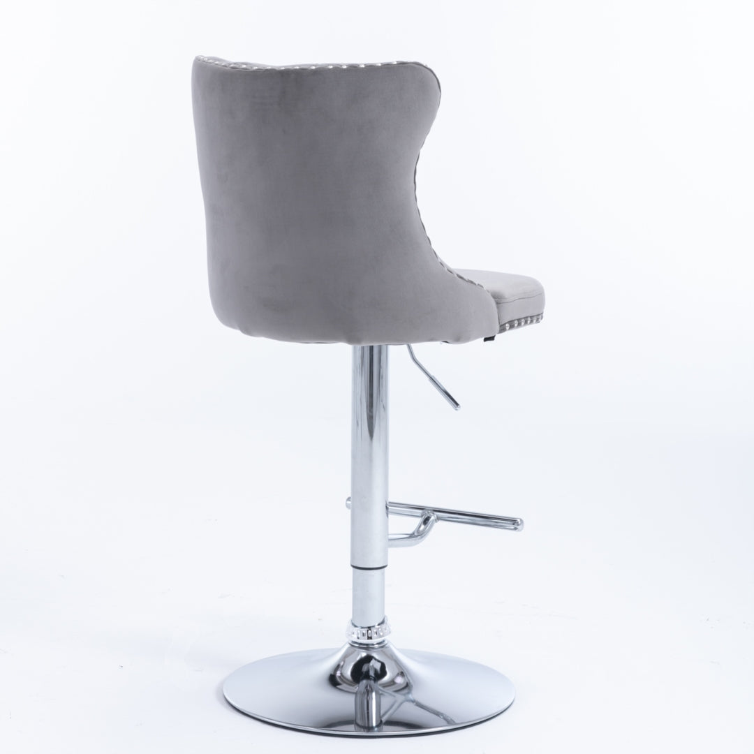 2x Height Adjustable Swivel Bar Stool Velvet Stud Barstool with Footrest and Chromed Base- Gray Does not apply