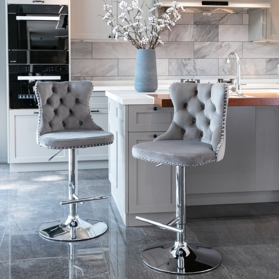 2x Height Adjustable Swivel Bar Stool Velvet Stud Barstool with Footrest and Chromed Base- Gray Does not apply