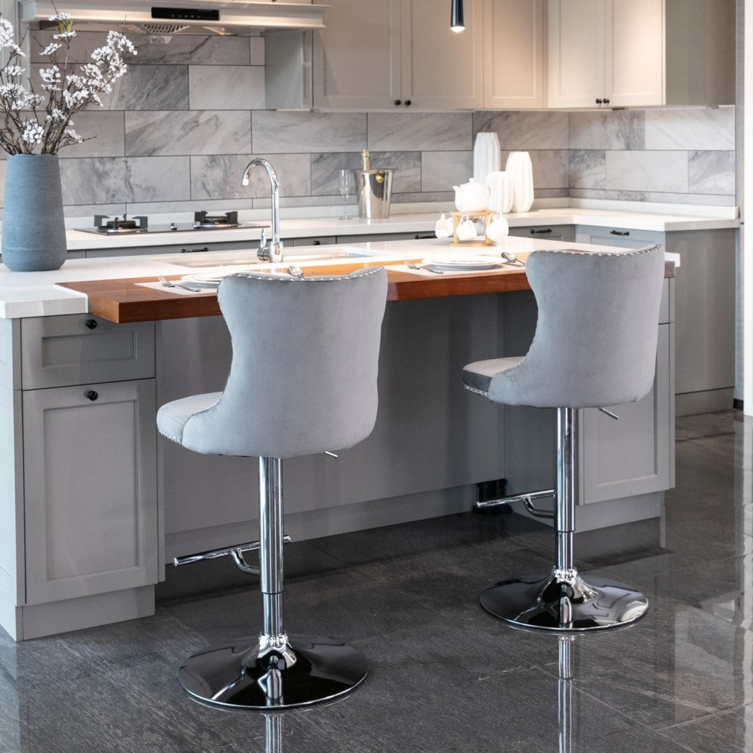 2x Height Adjustable Swivel Bar Stool Velvet Stud Barstool with Footrest and Chromed Base- Gray Does not apply