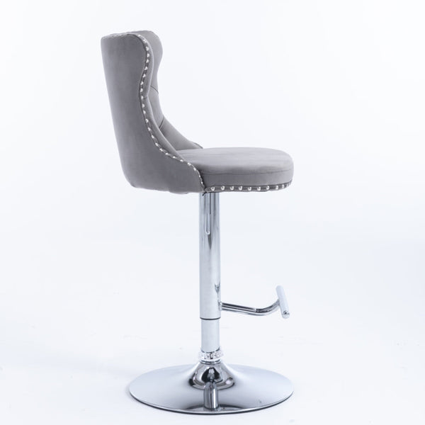 2x Height Adjustable Swivel Bar Stool Velvet Stud Barstool with Footrest and Chromed Base- Gray Does not apply