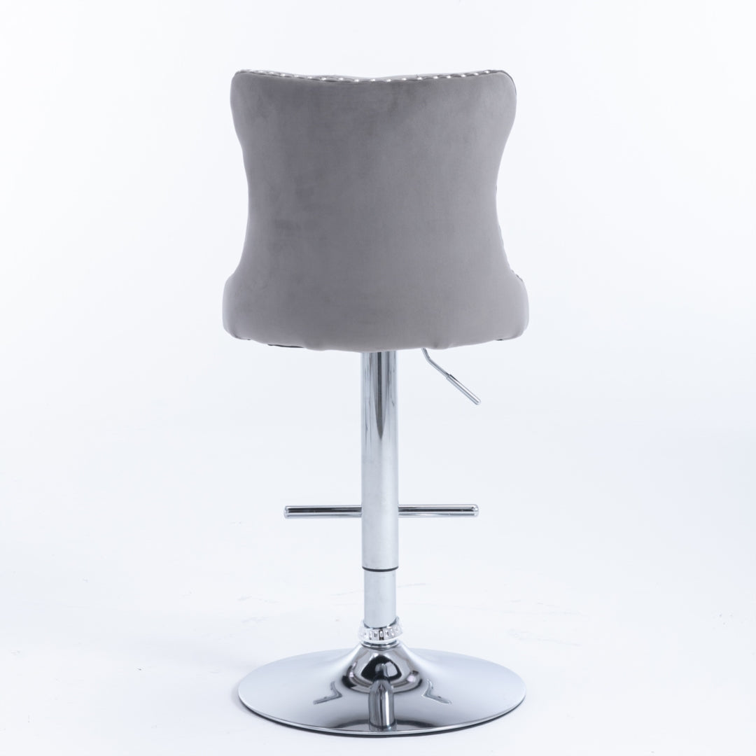 2x Height Adjustable Swivel Bar Stool Velvet Stud Barstool with Footrest and Chromed Base- Gray Does not apply